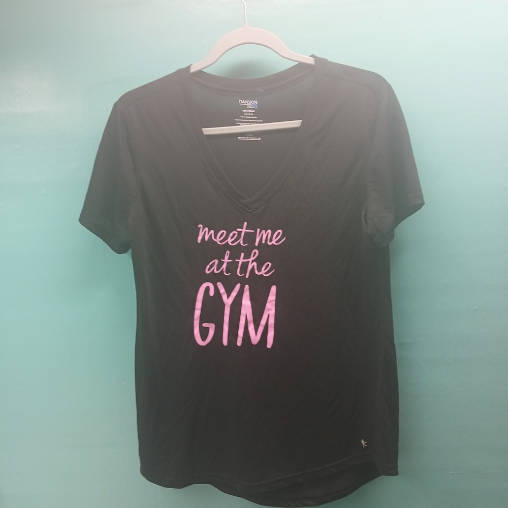 Danskin Now Meet Me At The Gym Graphic V-Neck Activewear Tee Black L 12-14